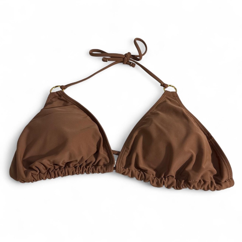 Chocolate Brown Triangle Bikini Top Gold Ring Halter Swim Top Brown Solid M